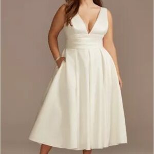David's Bridal Cream V-Neck Midi Dress